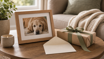 Wrapped gift and framed pet photo on a coffee table