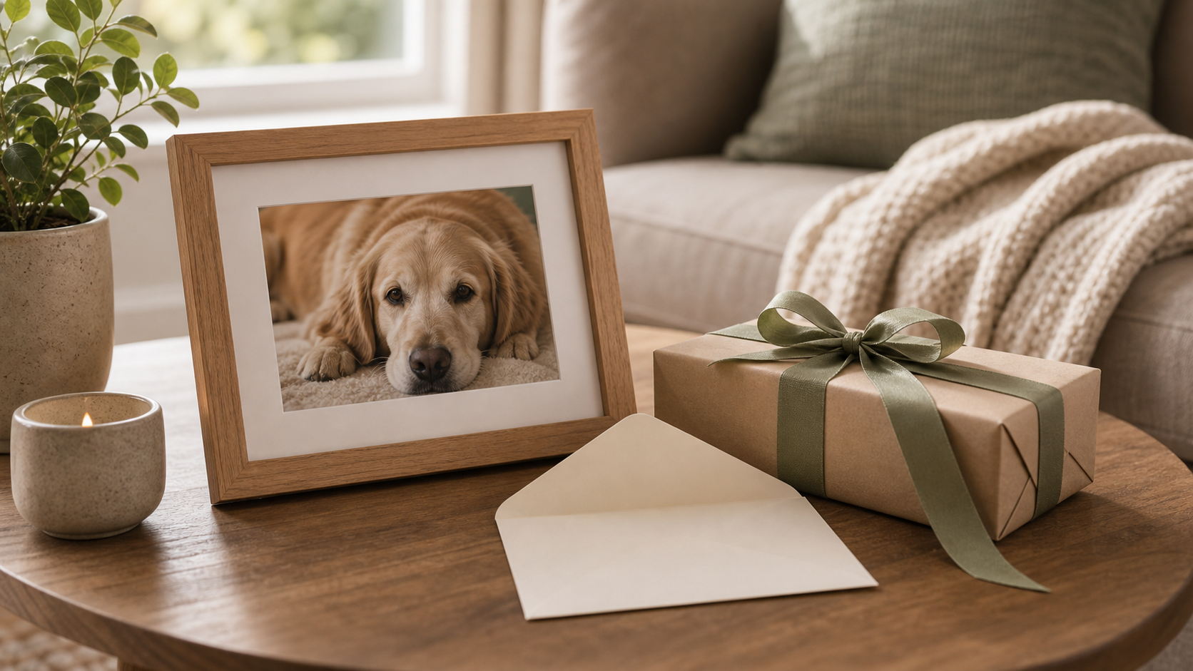 Wrapped gift and framed pet photo on a coffee table