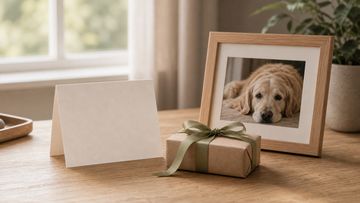 Sympathy card, wrapped gift, and framed pet photo on a table