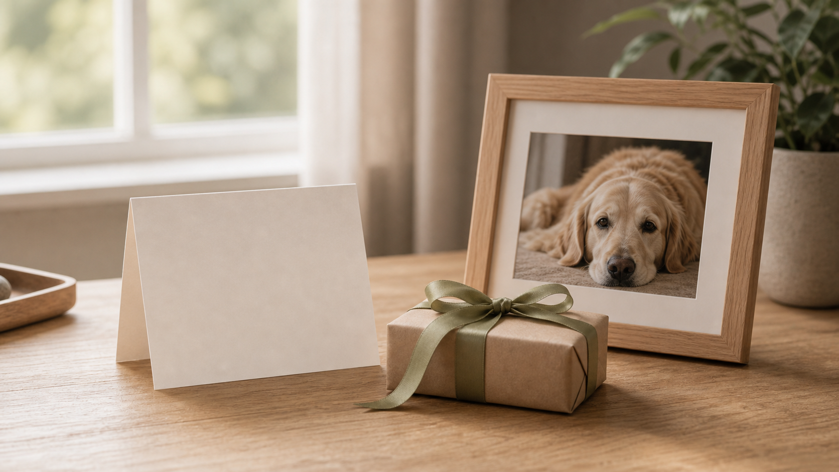 Sympathy card, wrapped gift, and framed pet photo on a table
