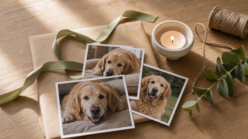 Simple memory setup with photo prints, candle, and ribbon