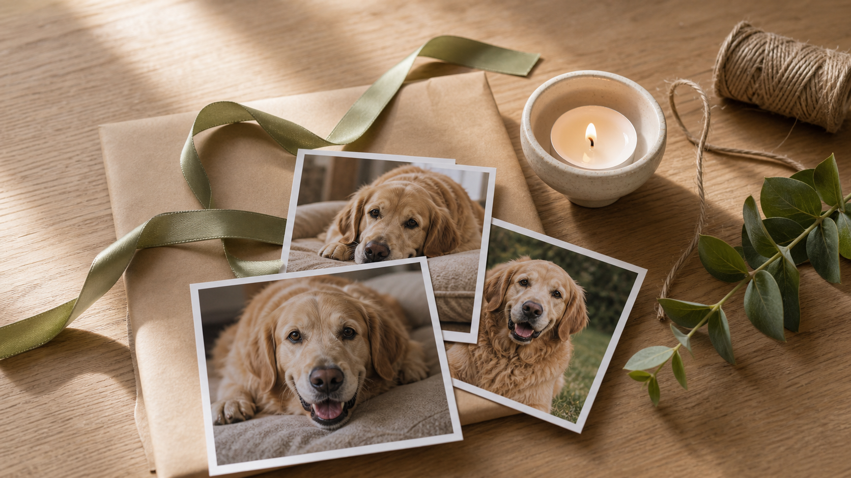 Simple memory setup with photo prints, candle, and ribbon