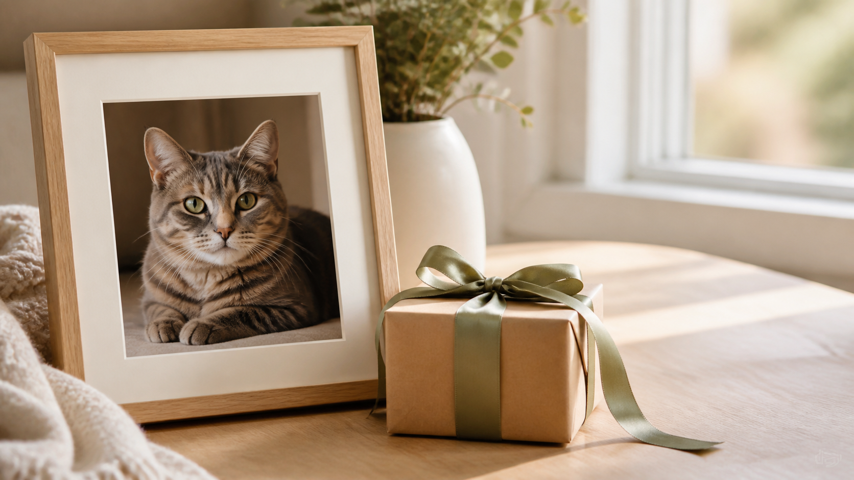 Framed cat photo beside a wrapped gift and ribbon