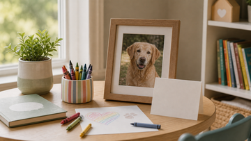 Child-friendly memory table with framed pet photo and drawing supplies