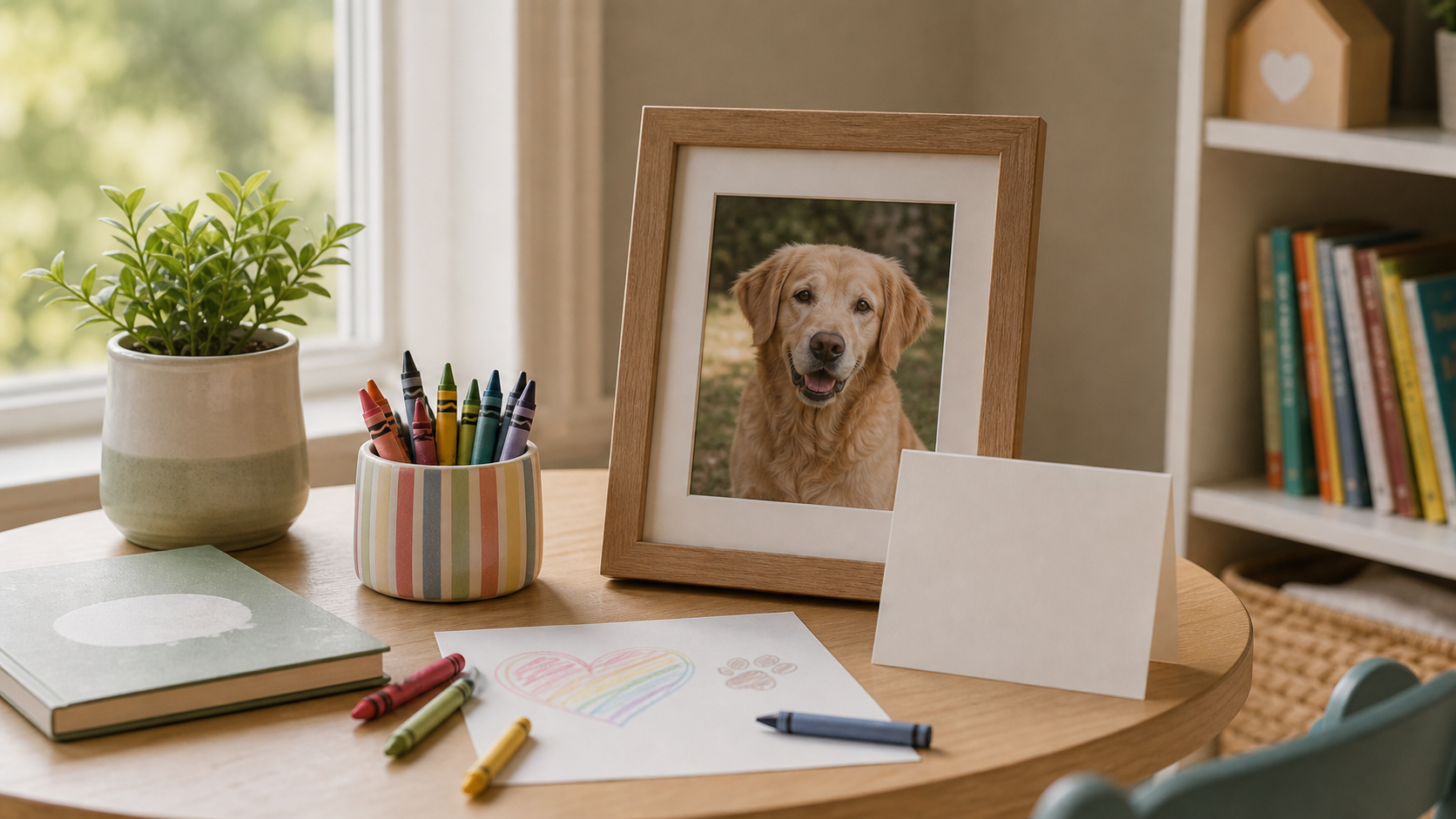 Child-friendly memory table with framed pet photo and drawing supplies
