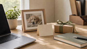 Sympathy card and small gift arranged on an office desk