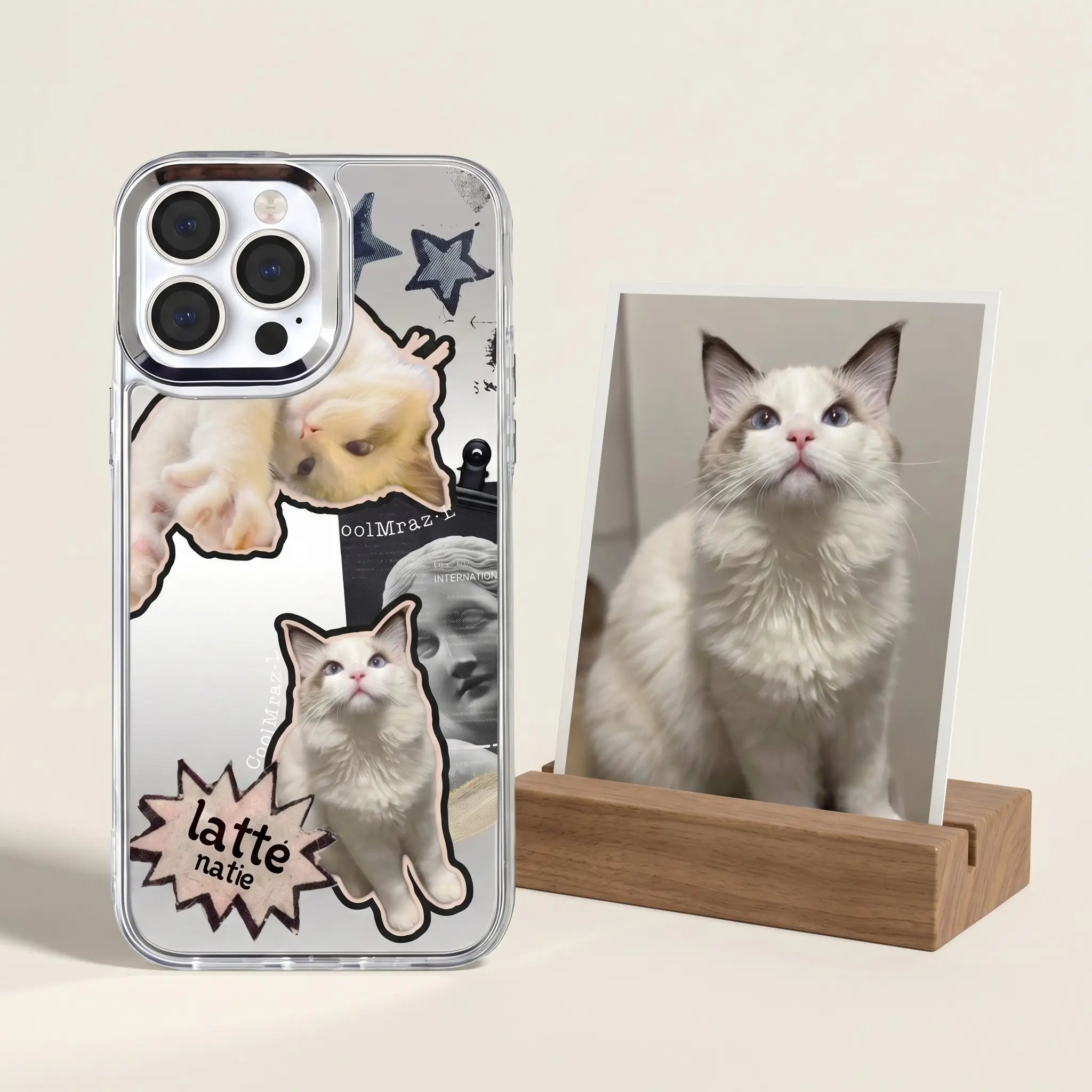 Pet phone case displayed beside cat photo