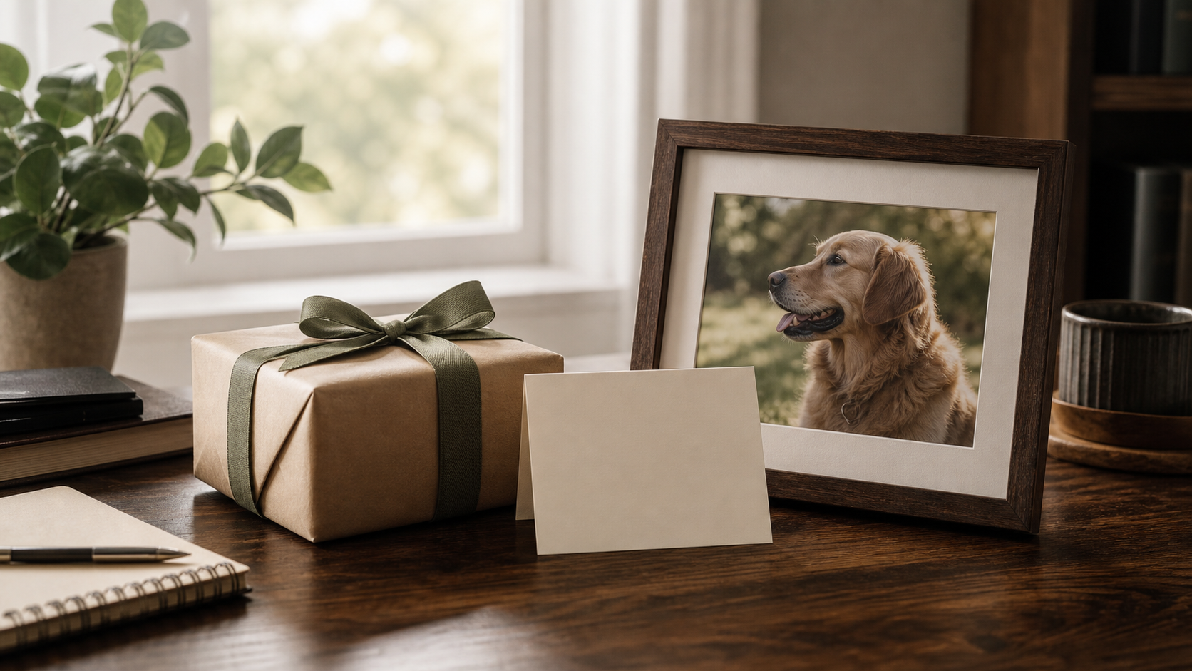Framed pet photo, note card, and simple gift on a desk