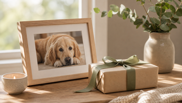 Framed dog photo beside a wrapped gift and ribbon