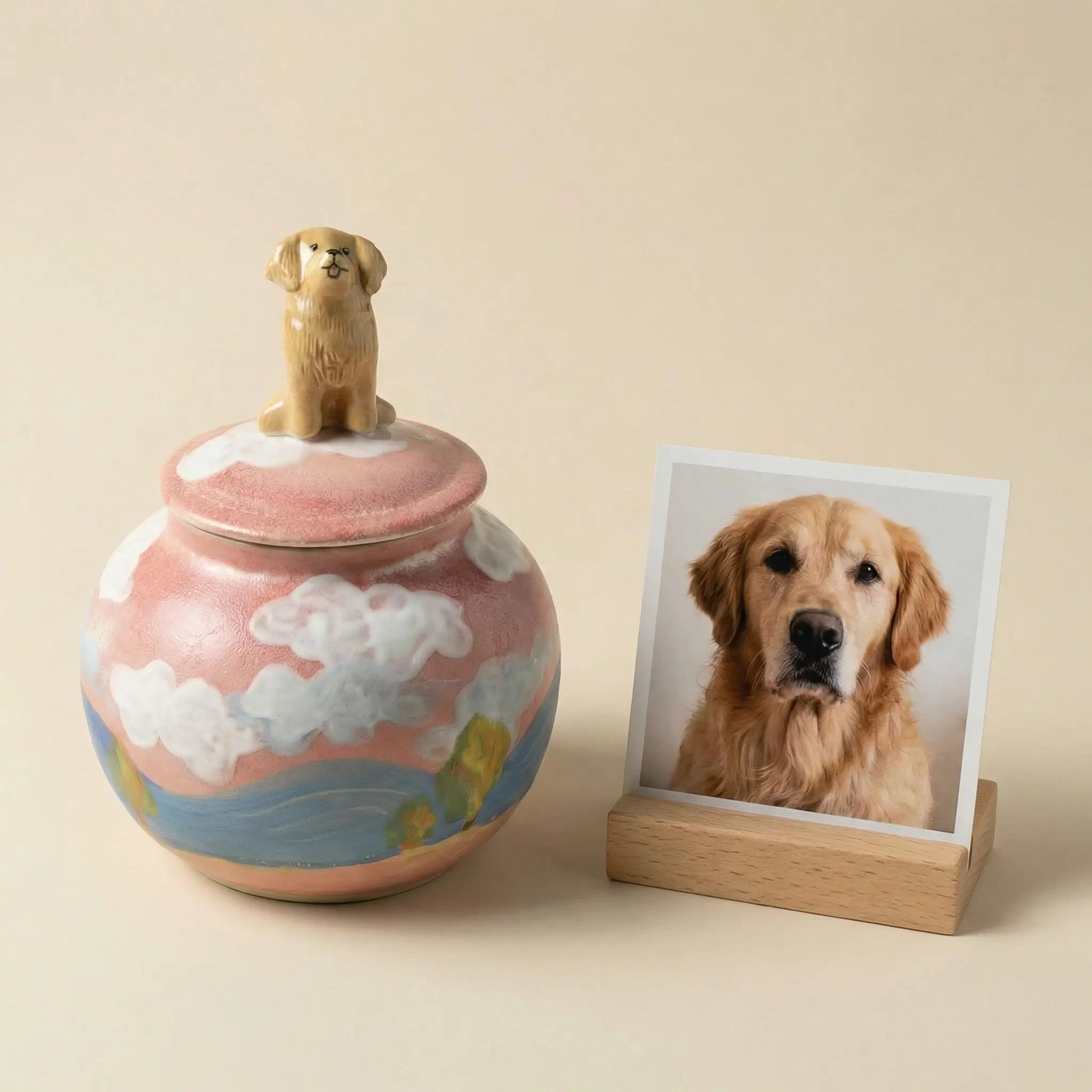 Pet urn displayed beside dog photo