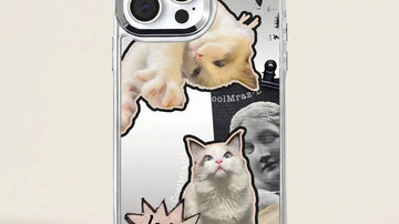 Clear phone case with a collage of cats, stars, and a statue.