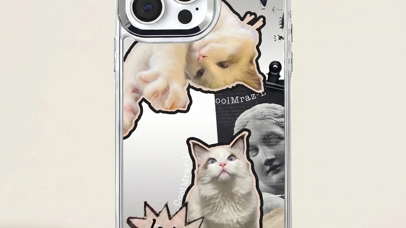 Clear phone case with a collage of cats, stars, and a statue.