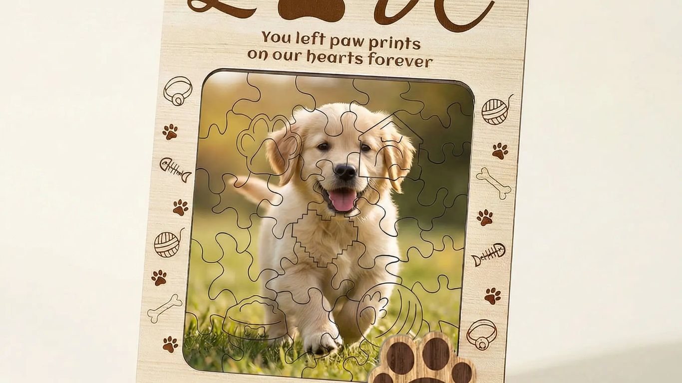 A wooden puzzle frame with a golden retriever puppy and paw print decorations.