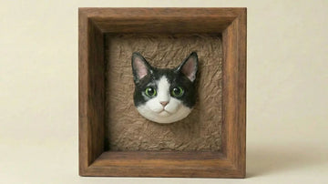 A framed sculpture of a black and white cat's face.