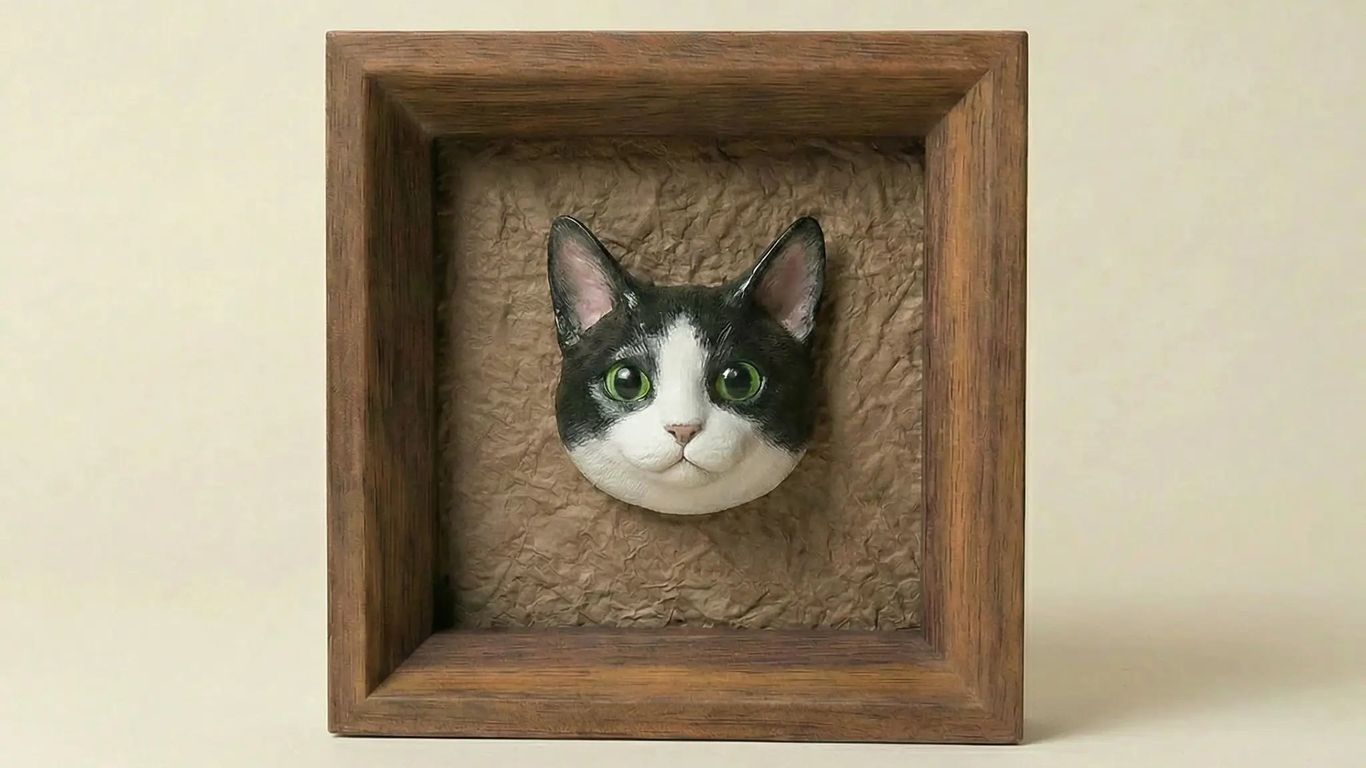 A framed sculpture of a black and white cat's face.