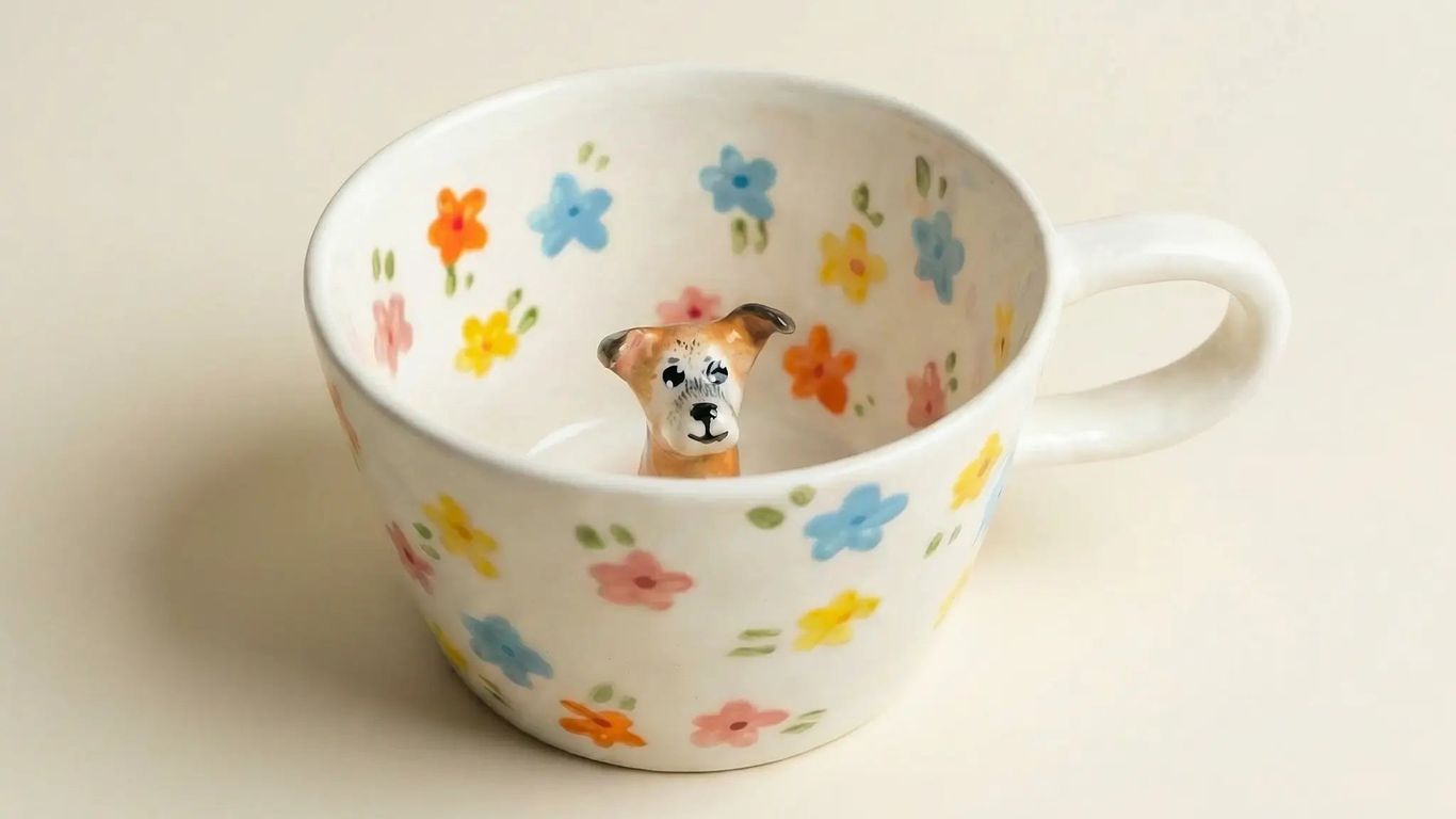 A ceramic mug with a dog figurine inside, decorated with flowers.