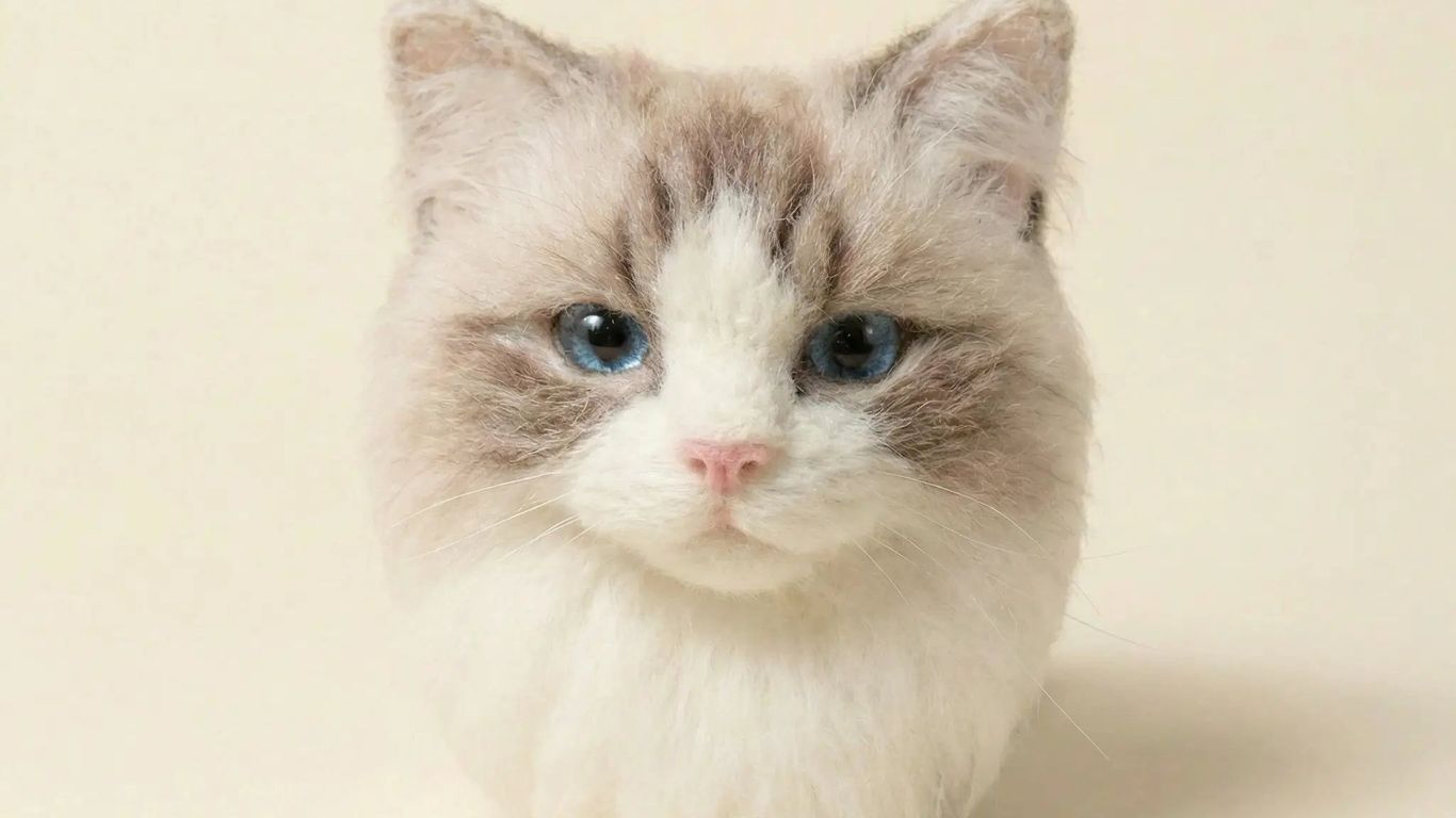 A realistic needle-felted cat with blue eyes and fluffy white fur.