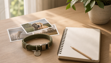 Printed pet photos, collar, and notebook arranged on a table