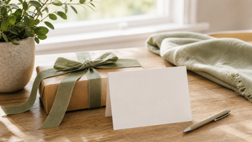 Simple sympathy gift setup with card and ribboned parcel