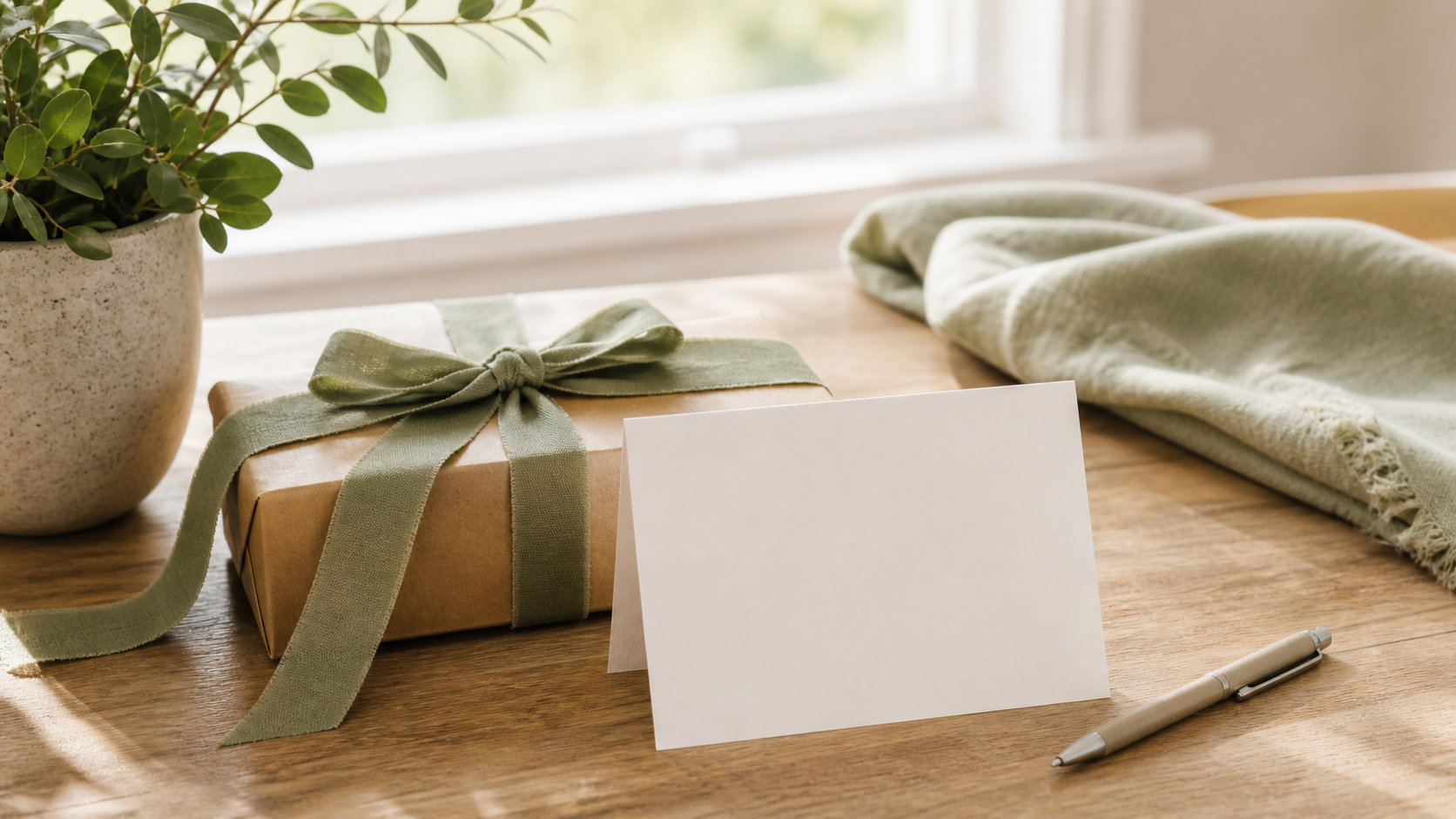 Simple sympathy gift setup with card and ribboned parcel