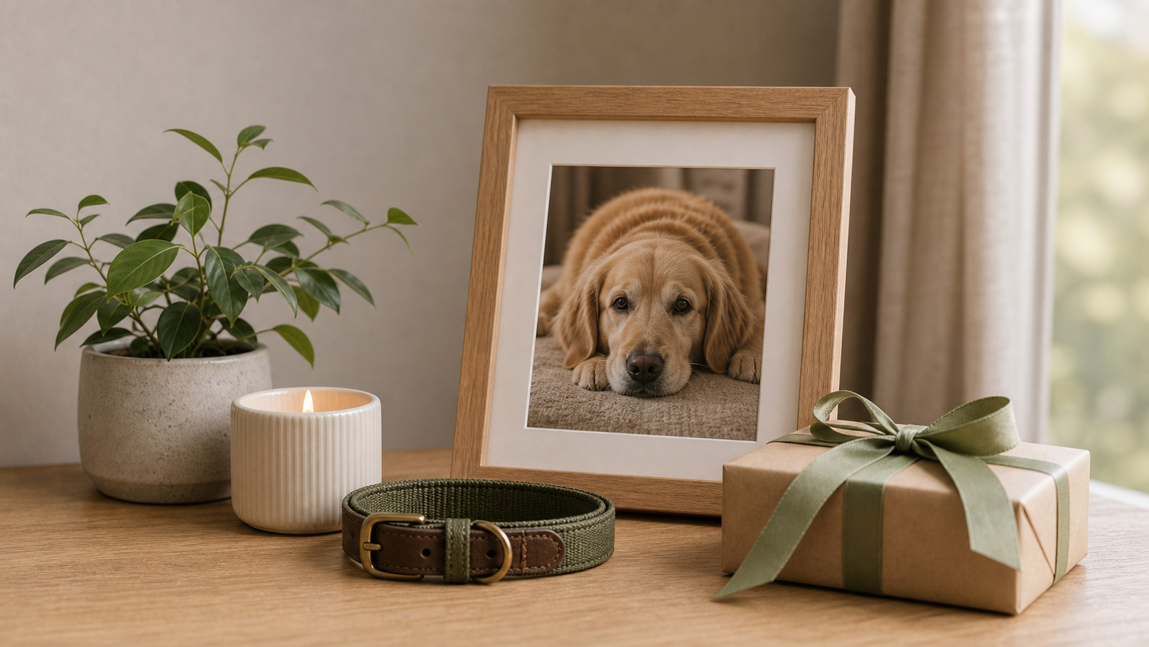 Understated memorial vignette with pet photo, collar, and candle