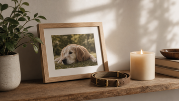 Pet collar, photo, and candle arranged on a shelf