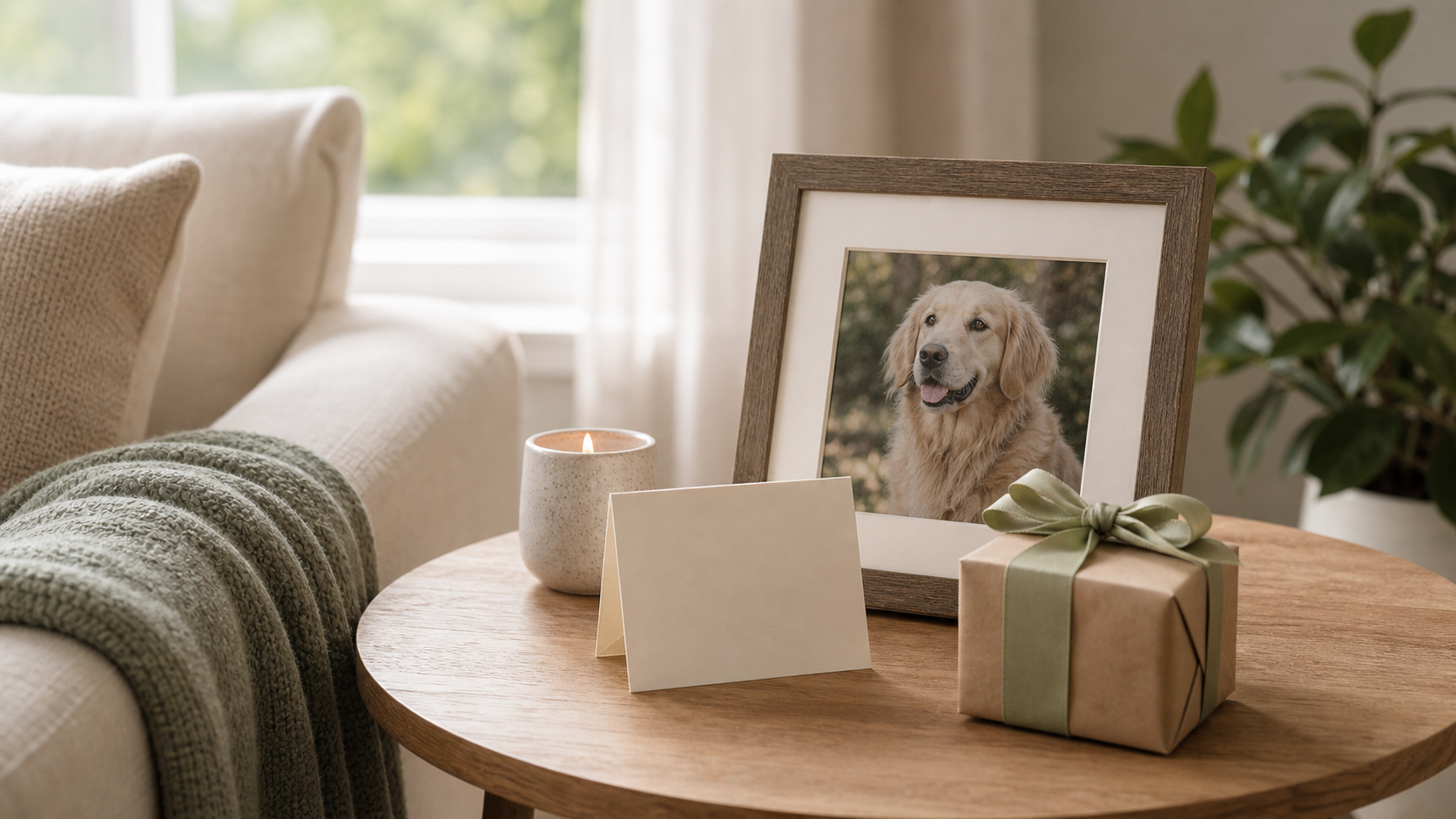 Framed pet photo, card, and small gift on a side table