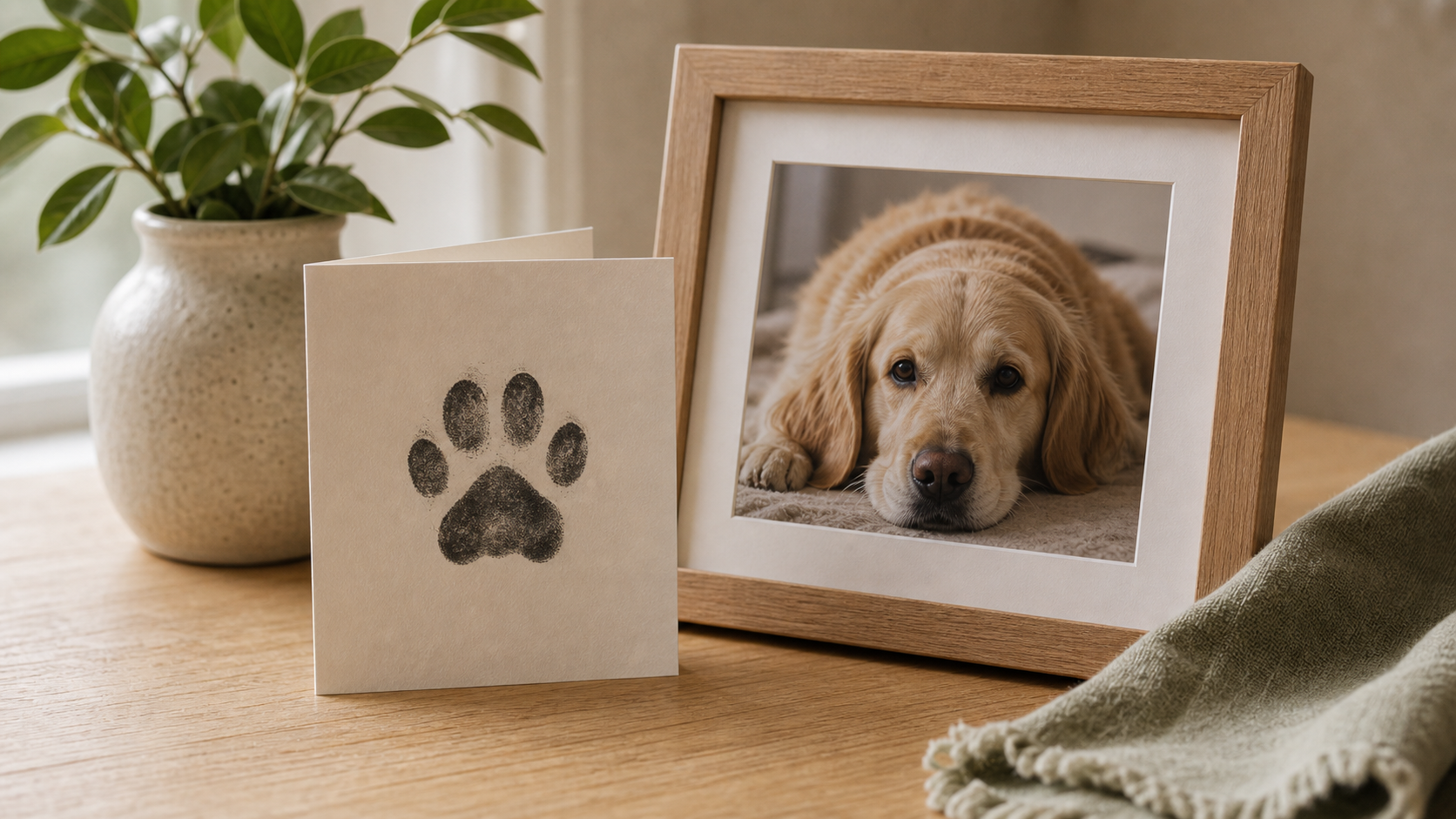 Ink paw print card beside a framed pet photo