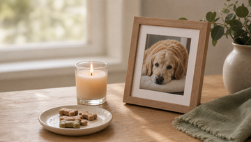 Framed pet photo beside a small candle and simple treat plate