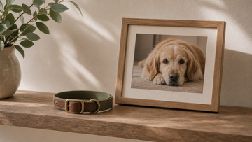 Pet collar resting beside a framed photo on a shelf