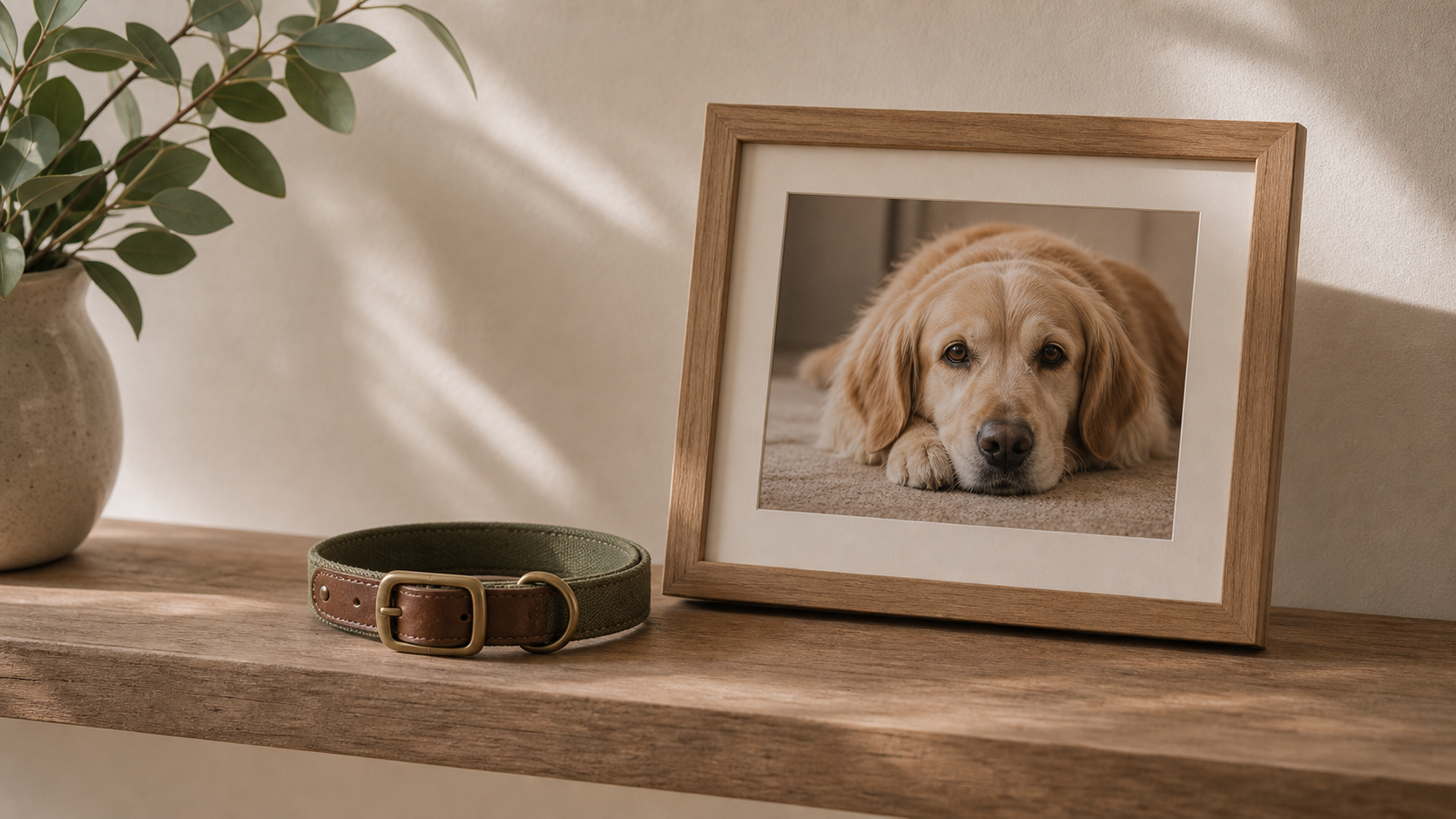 Pet collar resting beside a framed photo on a shelf