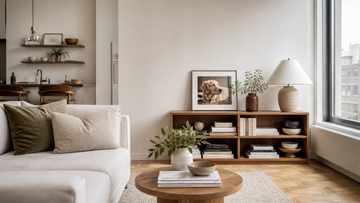 Airy small apartment living room with subtle pet decor
