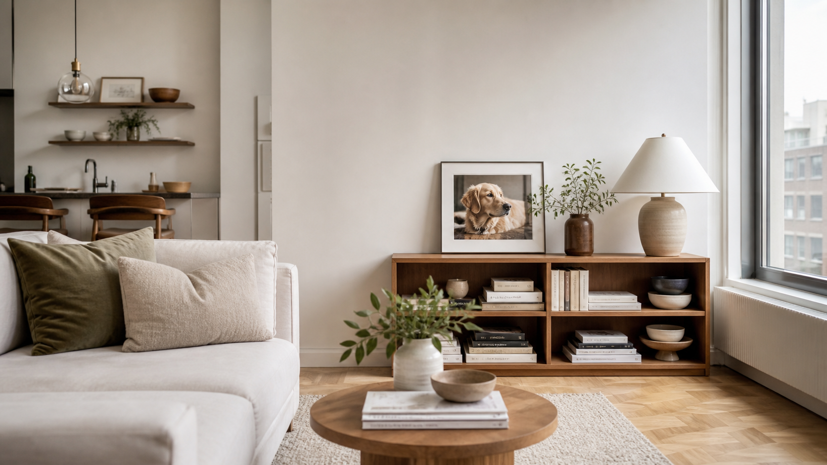 Airy small apartment living room with subtle pet decor