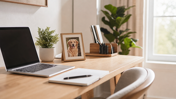 Tidy work desk with a framed pet photo in soft daylight