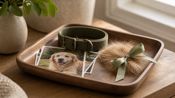 Pet collar, photos, and soft fur clipping arranged on a tray