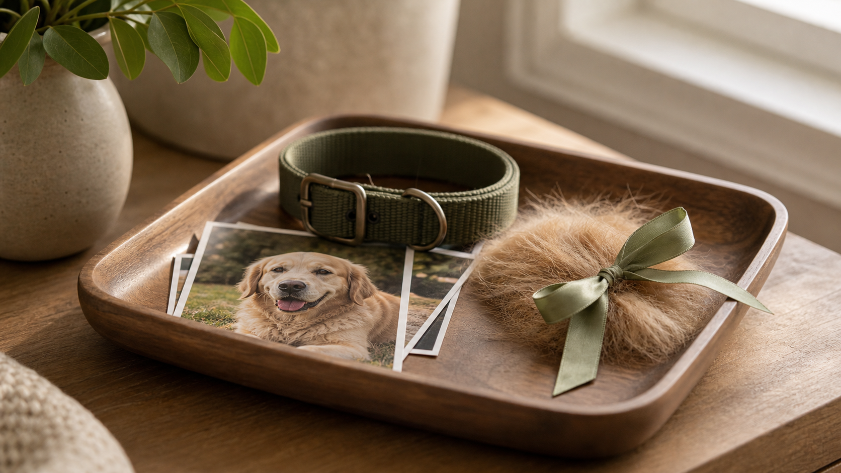 Pet collar, photos, and soft fur clipping arranged on a tray
