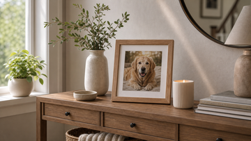Styled console table with framed pet photo and small decor pieces