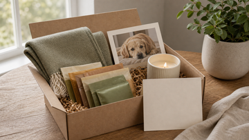 Care package with tea, candle, blanket, and blank card