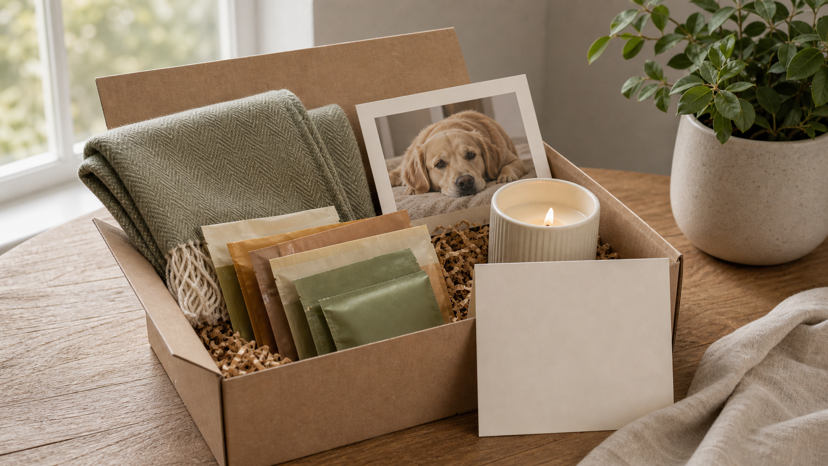 Care package with tea, candle, blanket, and blank card