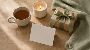 Sympathy card, tea, candle, and wrapped gift on a table