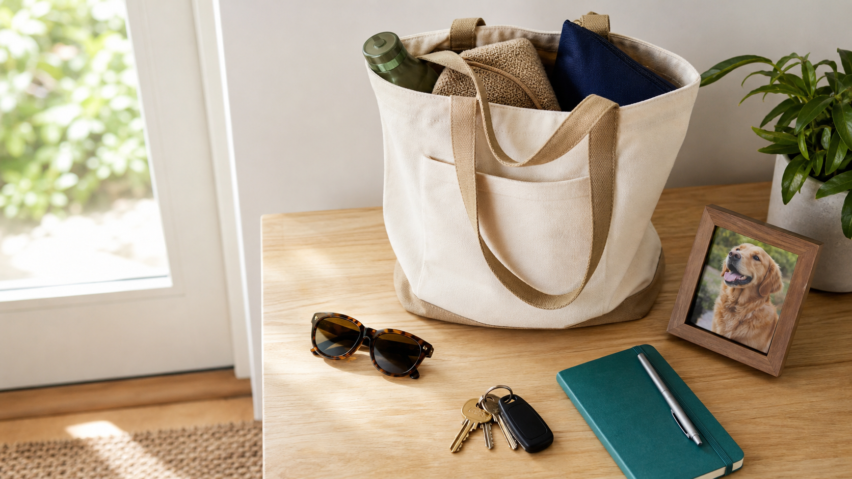 Everyday carry setup with a tote bag and framed pet photo