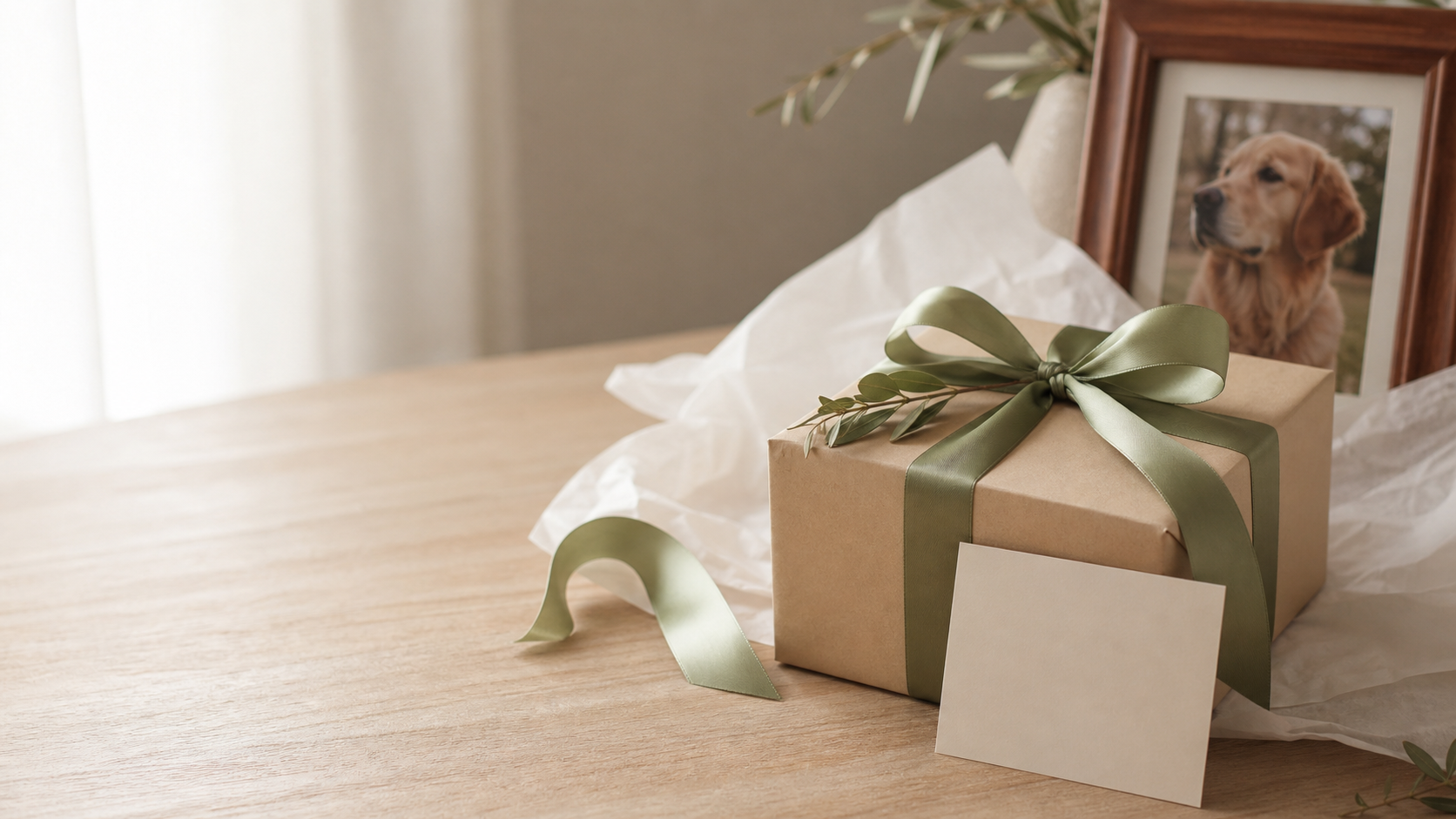 Wrapped gift with ribbon and a framed pet photo on a table