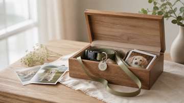 Open memory box with pet collar, tag, and photos