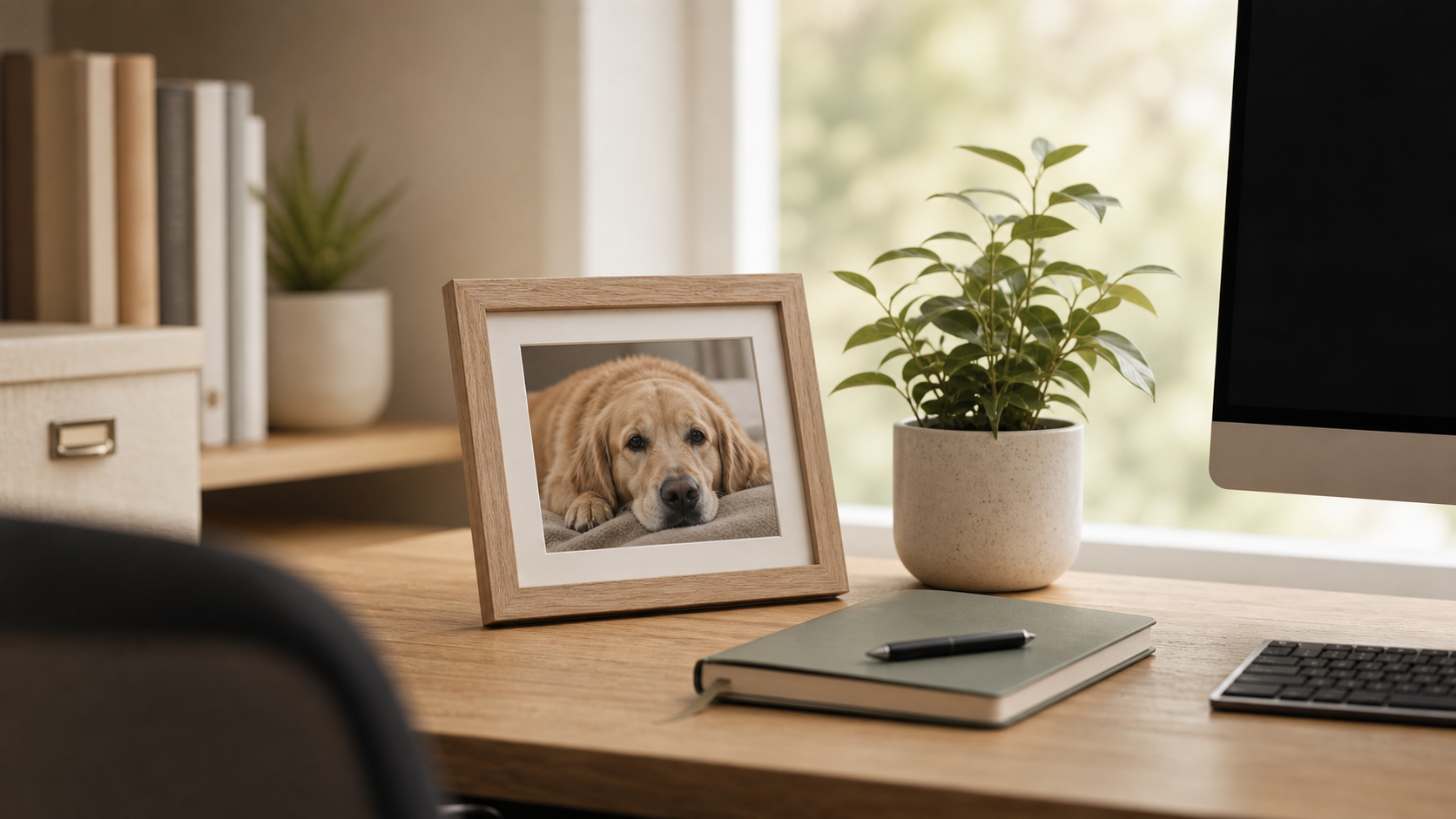 Tidy office desk with a framed pet photo and small plant