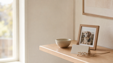 Calm pet memorial shelf in a small apartment rental
