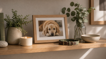 Memorial shelf with framed pet photo, collar, and candle