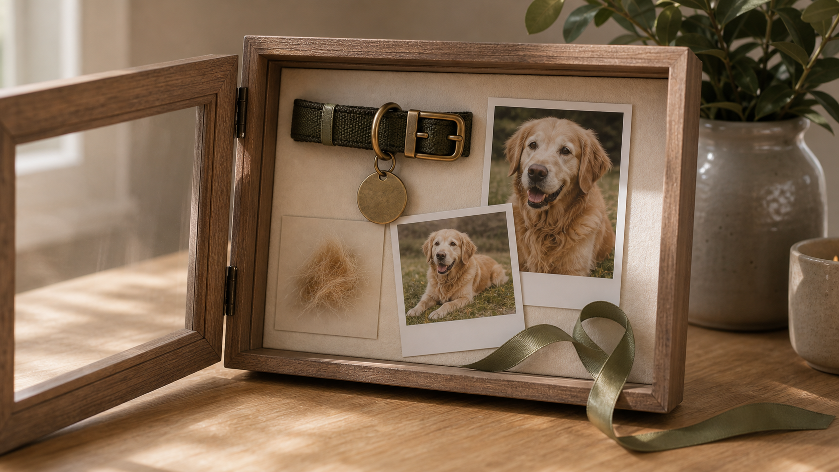 Open shadow box with pet collar, tag, photos, and ribbon