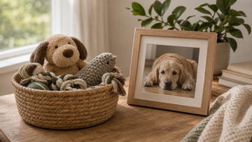 Soft pet toys gathered in a woven basket beside a framed photo