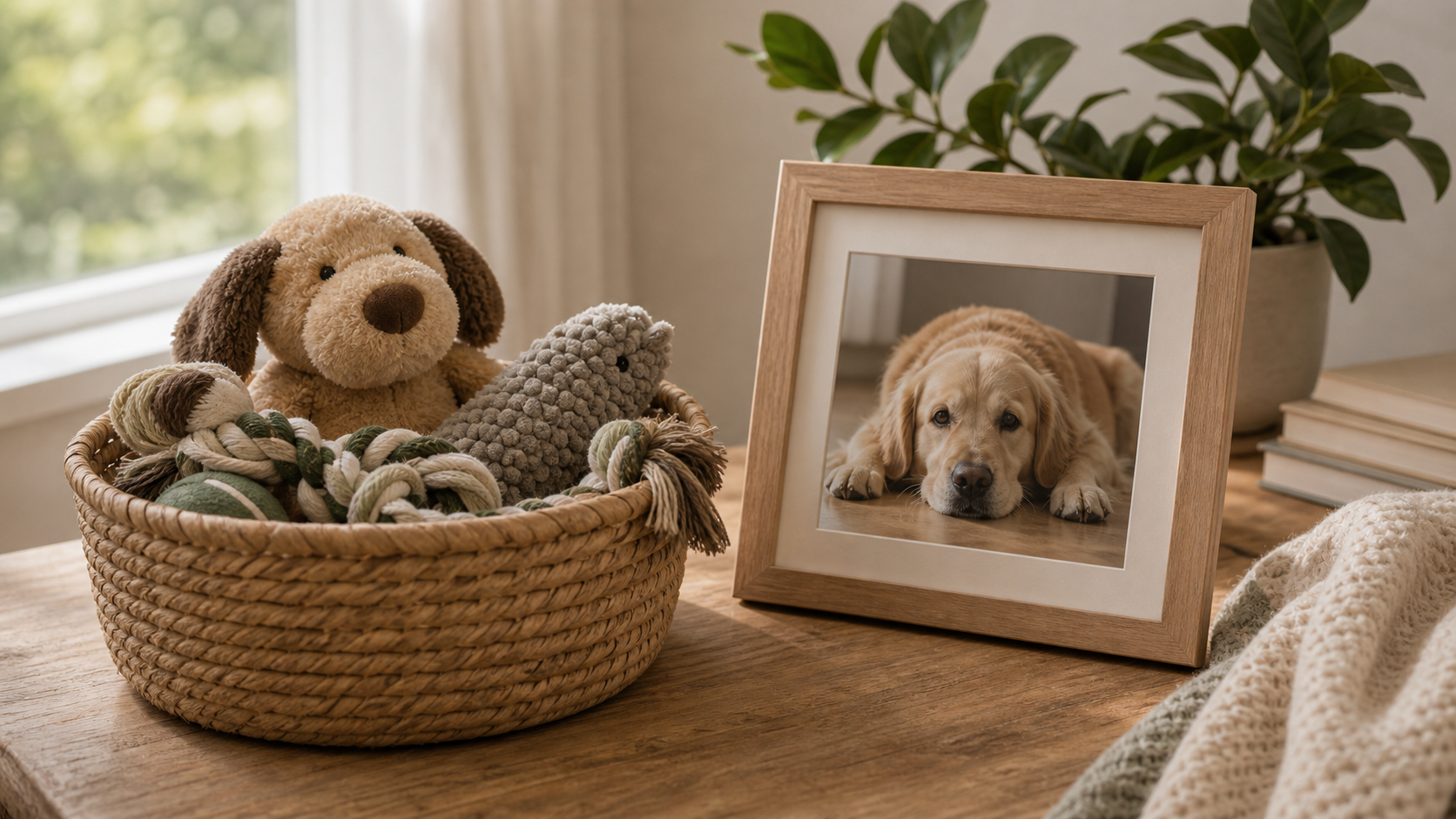 Soft pet toys gathered in a woven basket beside a framed photo