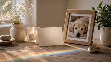 Framed pet photo with gentle prism light on a table